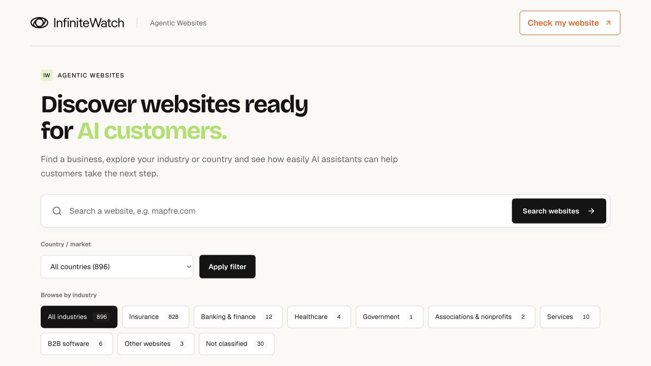 InfiniteWatch Agentic Websites directory with website search and filters for country and industry