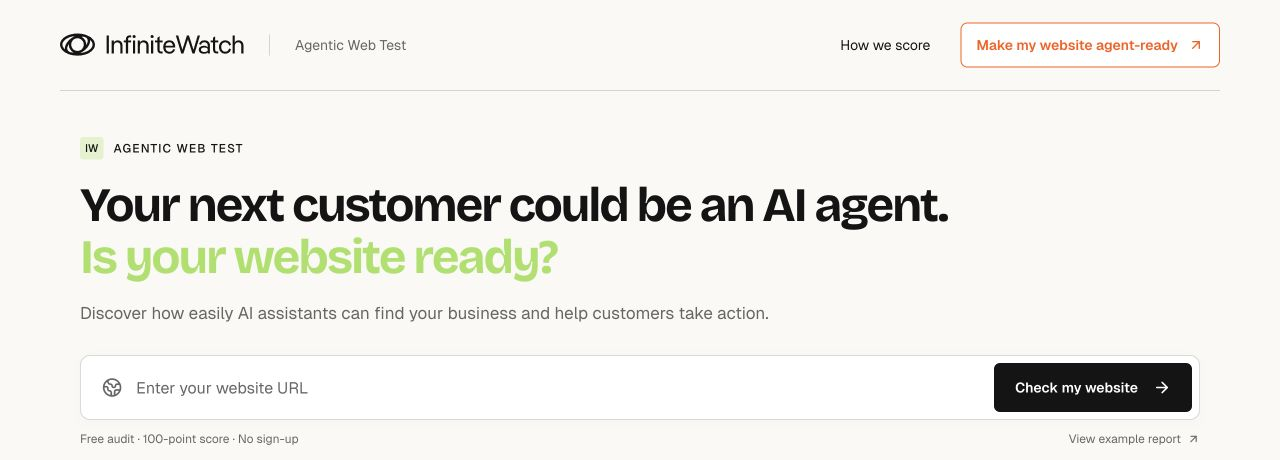 InfiniteWatch Agent Ready page inviting companies to check whether their website is ready for AI agents